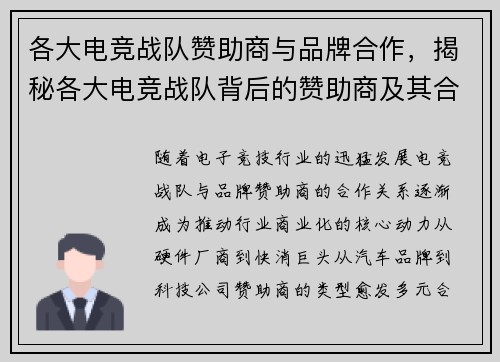 各大电竞战队赞助商与品牌合作，揭秘各大电竞战队背后的赞助商及其合作关系